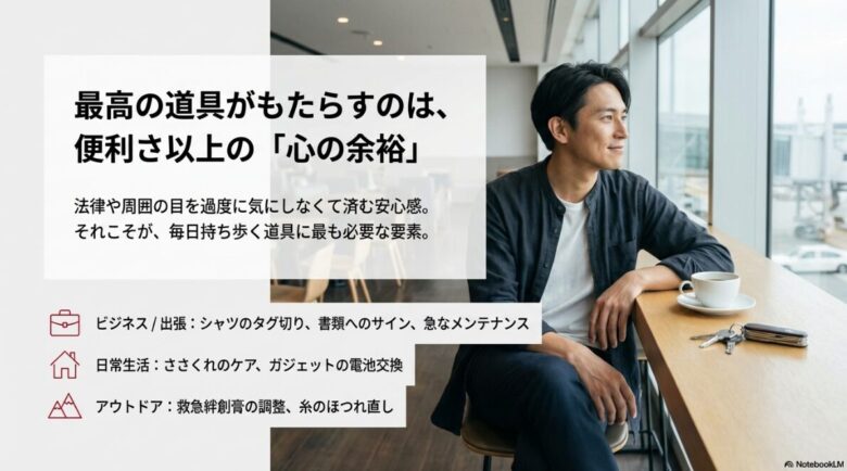 ビジネス・出張、日常生活、アウトドアの各場面における具体的な利用例をリストアップしたスライド。