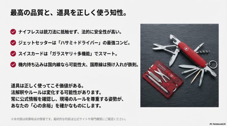 記事全体の要約。法的安全性の高さや主要モデルのコンビネーション、公式情報の確認を促す最終まとめスライド