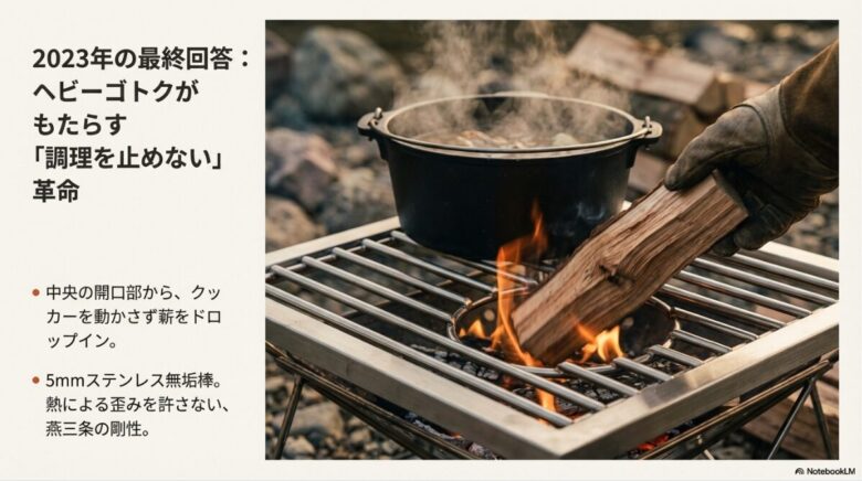 ヘビーゴトク中央の開口部からクッカーを動かさずに薪を投入する様子