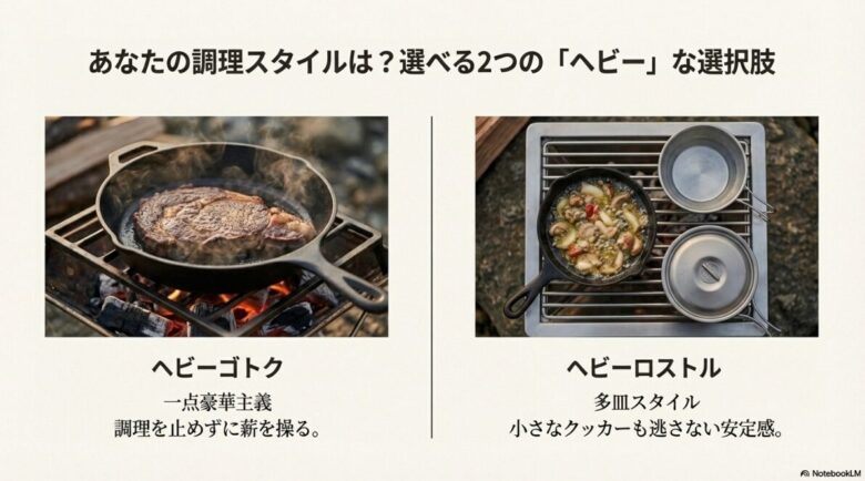 一点豪華主義のヘビーゴトクと多皿スタイルのヘビーロストルの調理イメージ比較