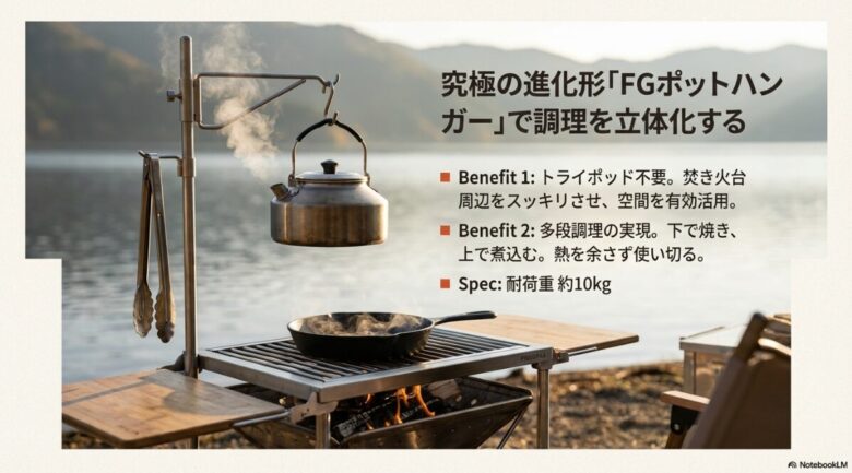 FGポットハンガーを使用して焚き火台周辺をスッキリさせ多段調理を実現するメリット