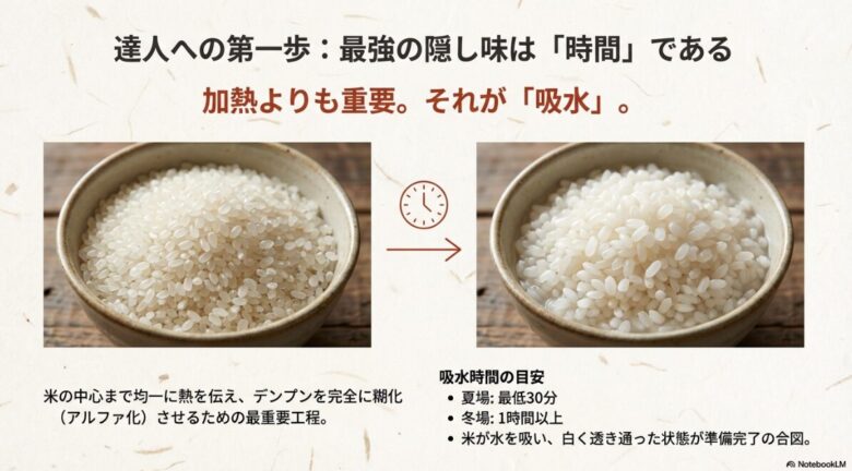 吸水時間の目安（夏場30分、冬場1時間以上）と、米が白く透き通るまで浸水させるポイントを説明したスライド