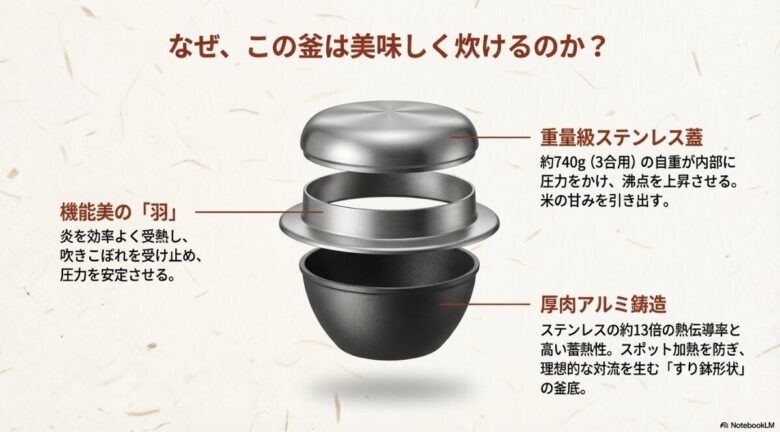 機能美の「羽」、重量級ステンレス蓋、厚肉アルミ鋳造の3つのメリットを構造図と共に解説したスライド