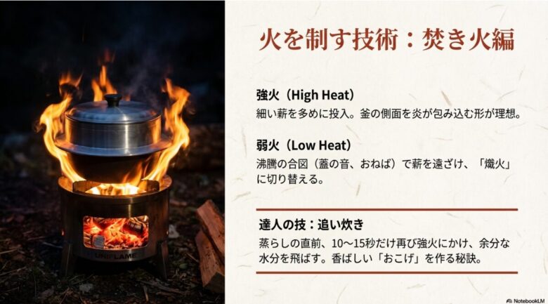 焚き火での強火・弱火（熾火）の使い分けと、香ばしいおこげを作るための追い炊きテクニックを解説したスライド