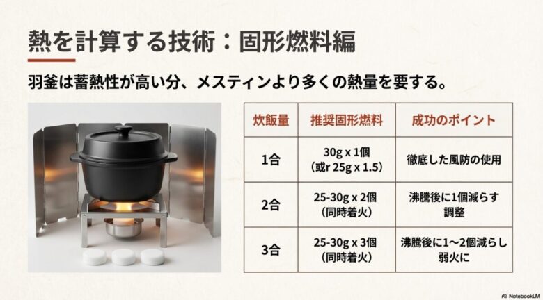 1合〜3合それぞれの炊飯量に対して、必要な固形燃料の数と火加減調整のポイントをまとめた一覧表スライド