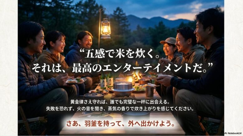 美味しい炊きあがりのコメは人を笑顔にする・そのものこそがエンターテインメントを」表すスライド