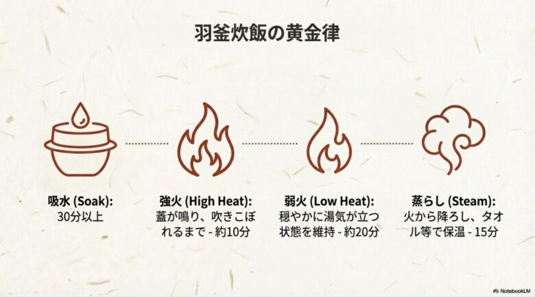 吸水30分以上、強火10分、弱火20分、蒸らし15分という具体的な炊飯工程の時間配分をまとめたスライド