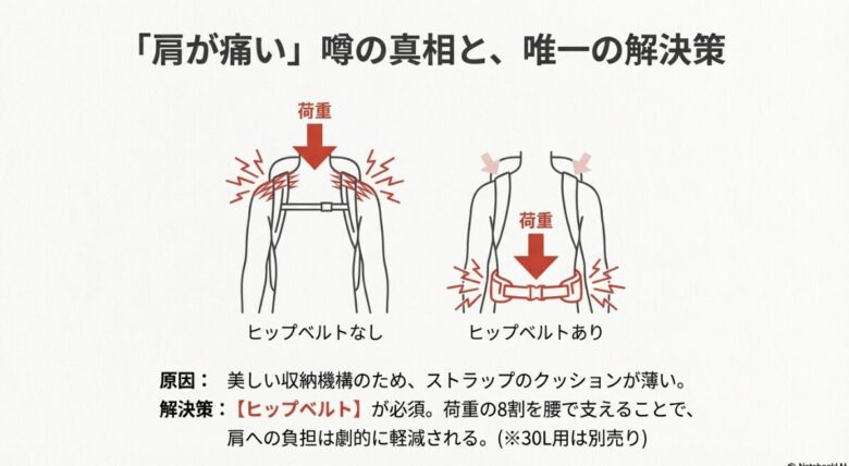 トラベルバックパックの肩の痛みを軽減する対策。ヒップベルト（腰紐）を使用して荷重を腰で支えることの重要性を示した図