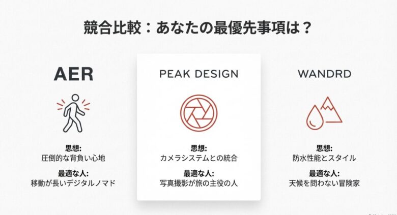ピークデザイン、Aer、WANDRDのトラベルバックパック3大ブランド比較。背負い心地、アクセス性、防水性、スタイルなどの違いを一覧化した比較表