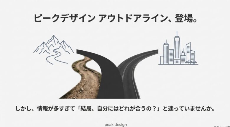 ピークデザイン アウトドアラインのバックパック18Lとスリング4Lを背負ってハイキングをしている様子