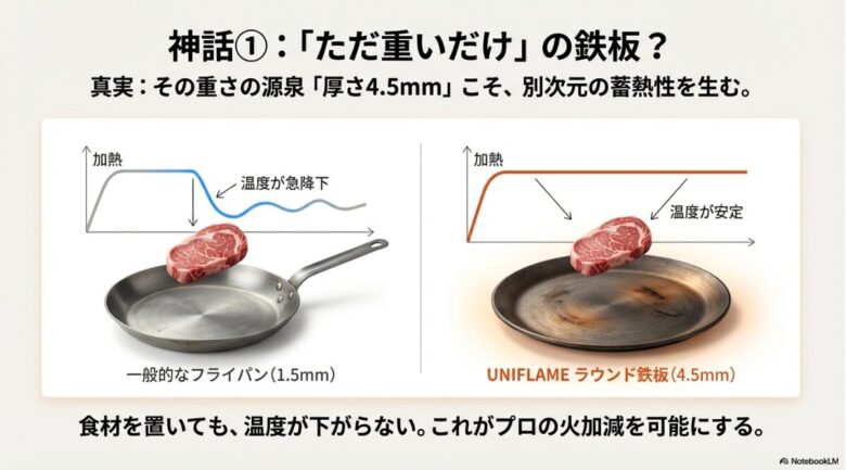 一般的な1.5mm厚フライパンは食材を置くと温度が急降下するのに対し、4.5mm厚のラウンド鉄板は温度が安定することを示す比較グラフ画像。