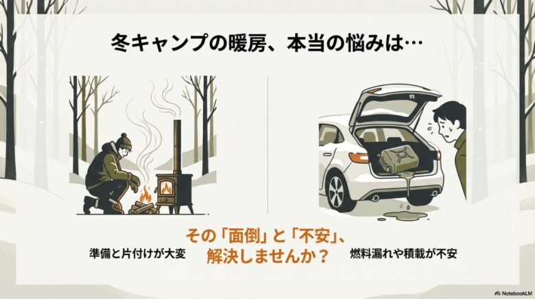 冬の森で薪ストーブの火を調整する人と、車のトランクで灯油缶から燃料が漏れているイラスト
