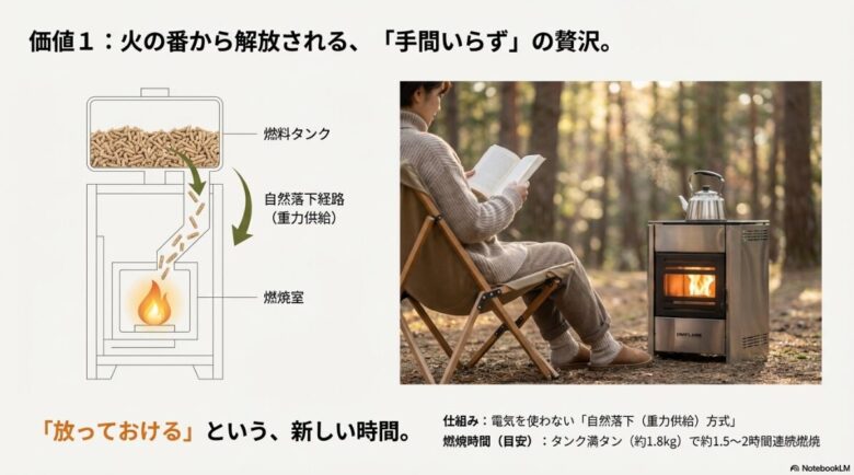 ペレットが燃料タンクから燃焼室へ落ちる重力供給方式の図解と、ストーブの傍で読書を楽しむ人の写真
