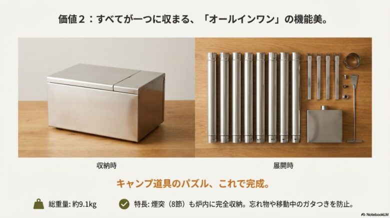 ボックス型に収まった収納状態と、8節の煙突や脚などの全パーツが並べられた展開時の比較写真。