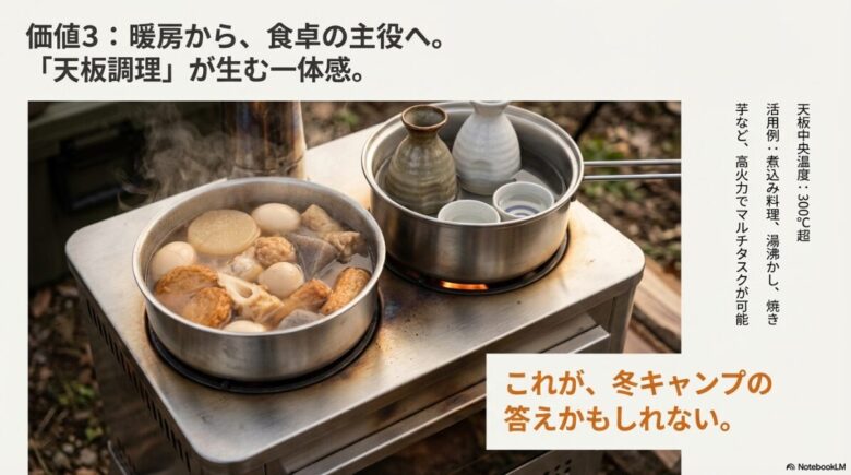 天板中央が300度を超える高火力であることと、煮込みや湯沸かしなどのマルチタスク調理が可能であることを示すテキストスライド