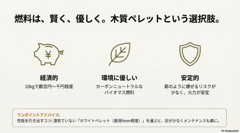 貯金箱、葉、盾のアイコンと共に、経済的で環境に優しく爆ぜるリスクが少ないことを説明するスライド