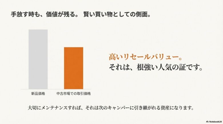 新品価格と中古市場価格が近いことを示すグラフと、大切にメンテナンスすれば資産になることを示すスライド