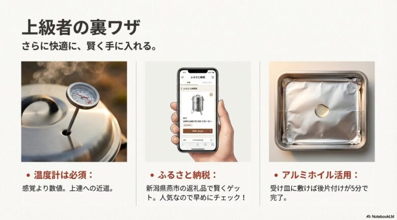 温度計の必須使用、燕市のふるさと納税の活用、アルミホイルによる後片付け時短術をまとめたスマホ風スライド 。