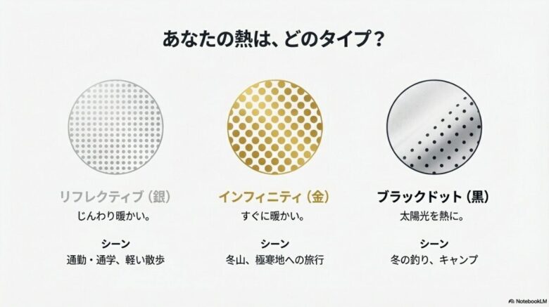 シルバー、ゴールド、ブラックの3つのドットパターンの拡大図。じんわり暖かい銀、すぐに暖かい金、太陽光を熱に変える黒の使い分けを説明。