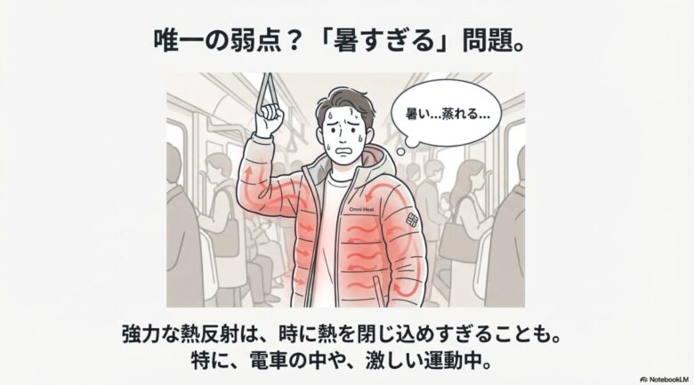 満員電車の中でジャケットを着て汗をかいている男性のイラスト。強力な熱反射が時に熱を閉じ込めすぎてしまう課題を説明。