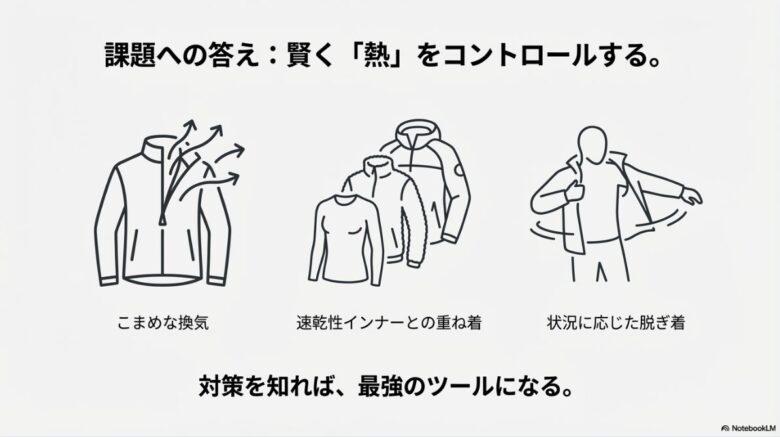 ジャケットのイラスト。こまめな換気、速乾性インナーとの重ね着、状況に応じた脱ぎ着という3つの具体的な熱コントロール術を図解。