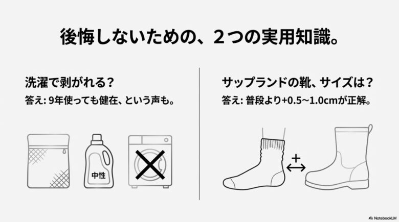 靴下とブーツのイラスト。洗濯で剥がれず9年使ったという声や、サップランドは普段より0.5〜1.0cm大きめが正解という実用知識のまとめ