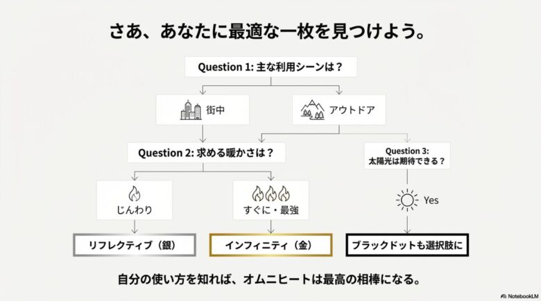 街中かアウトドアか、求める暖かさ、太陽光の有無によってシルバー、ゴールド、ブラックのどれを選ぶべきかを示すフローチャート。