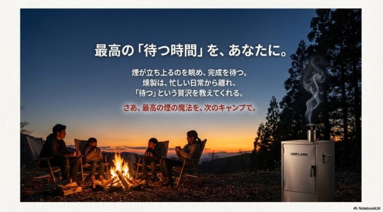 夕暮れ時のキャンプ場で燻製器から煙が立ち上るのを眺める、ゆったりとした時間のイメージ 。