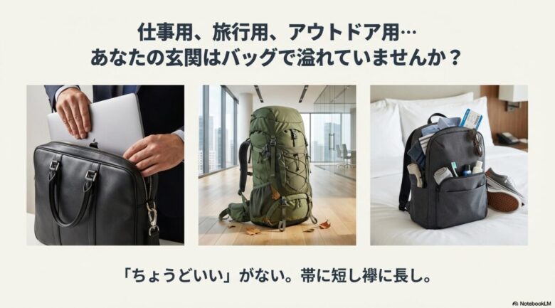 仕事用、登山用、旅行用と、用途別にバッグが増えて玄関が溢れてしまう悩みと、「ちょうどいい」サイズが見つからないジレンマを表現したイメージ