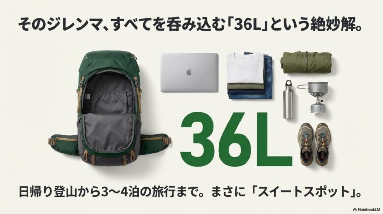 36Lの容量にPC、衣類、ボトル、登山用クッカーなどが整然と収まるパッキング例と、日帰り登山から3〜4泊まで対応するスイートスポットの解説