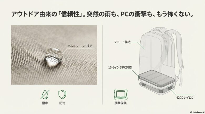 水滴を弾くオムニシールド技術の接写と、15.6インチPCを衝撃から守るフロート構造、耐久性の高い420Dナイロンの仕組みを示す図解