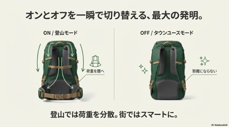 登山モードでは荷重を腰へ分散し、タウンユースモードではベルトを背面に完全収納してスマートに見せる背面パネルのギミック解説