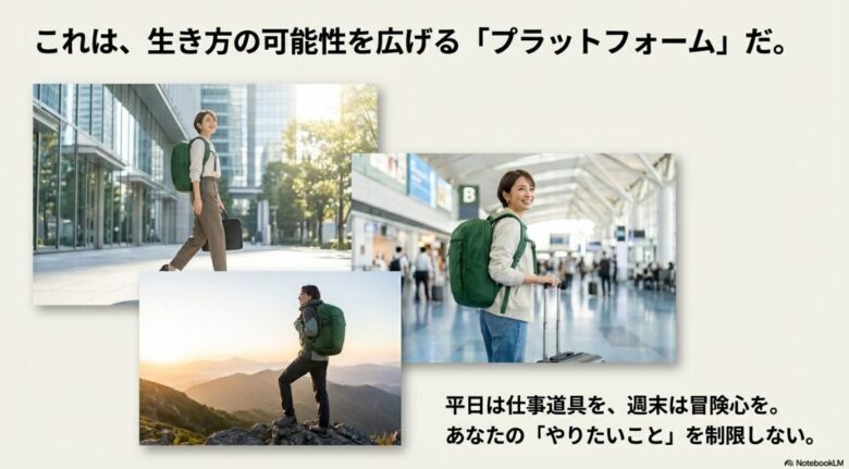 平日は仕事、週末は冒険へと、自分の「やりたいこと」を制限しないためのプラットフォームとしてのバッグのコンセプト画像
