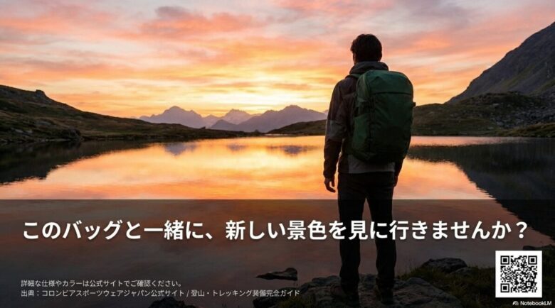 公式サイトへのQRコードと、「このバッグと一緒に、新しい景色を見に行きませんか？」というメッセージ。