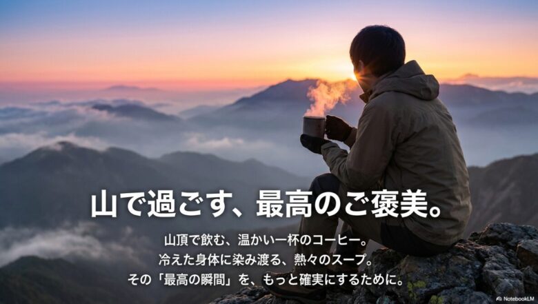 山頂で温かいコーヒーやスープを楽しむ登山のイメージと、ジェットボイルが提供する最高の瞬間を表現した導入スライド。