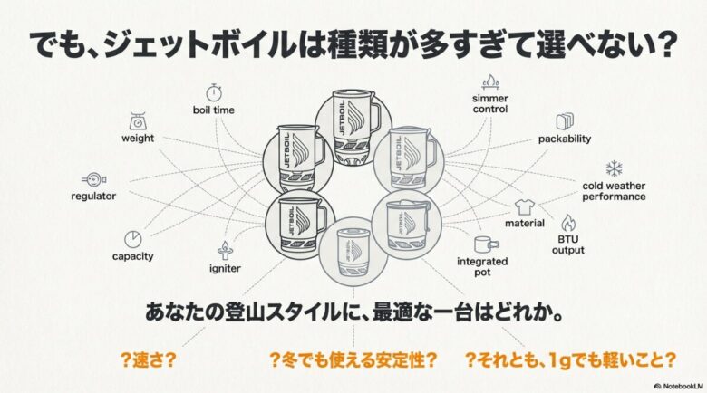 重量、沸騰時間、レギュレーターの有無、火力調整など、ジェットボイルを選ぶ際の比較基準を網羅したインフォグラフィック