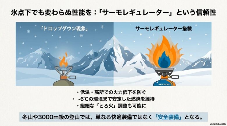 マイナス6度の低温環境や高所でも安定した火力を維持し、ドロップダウン現象を防ぐサーモレギュレーターの機能を解説したスライド