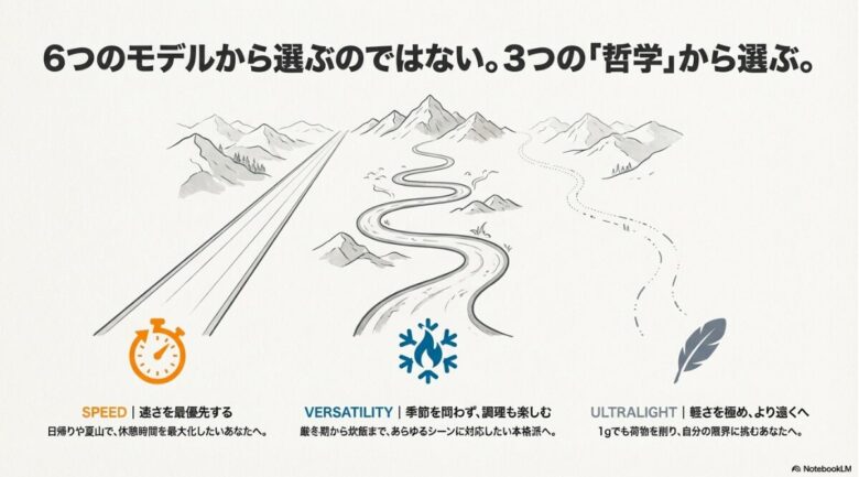 「速さ（SPEED）」「汎用性（VERSATILITY）」「軽さ（ULTRALIGHT）」という、登山スタイルに合わせた3つの選択基準を示す概念図。