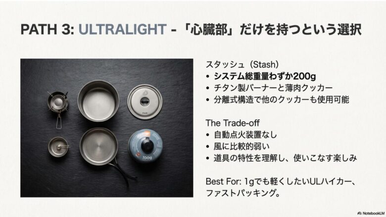 システム総重量わずか200gを実現した、チタン製バーナーと薄肉クッカーからなるUL（ウルトラライト）ハイカー向けモデル「スタッシュ」のパーツ構成