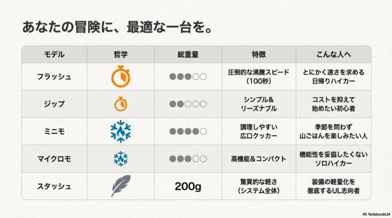 フラッシュ、ジップ、ミニモ、マイクロモ、スタッシュの重量・特徴・推奨ユーザーを一目で比較できる総括表。