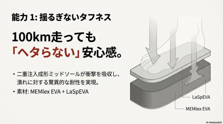LaSpEVAとMEMlex EVAを組み合わせた二重注入成形ミッドソールの断面構造図と、衝撃吸収・耐ヘタリ性能の解説