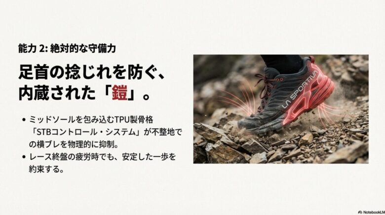 シューズを包み込むTPU製骨格「STBコントロール・システム」が不整地での横ブレを物理的に抑制することを説明するスライド