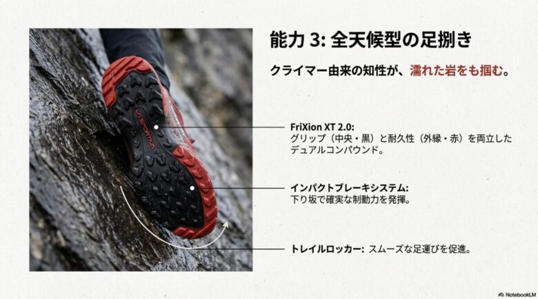 中央の黒（グリップ）と外縁の赤（耐久性）を使い分けたFriXion XT 2.0アウトソール、インパクトブレーキシステム、トレイルロッカーの解説図