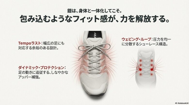 幅広に対応するTempoラスト、しなやかなアッパー補強のダイナミック・プロテクション、圧力を分散するウェビング・ループの構造図