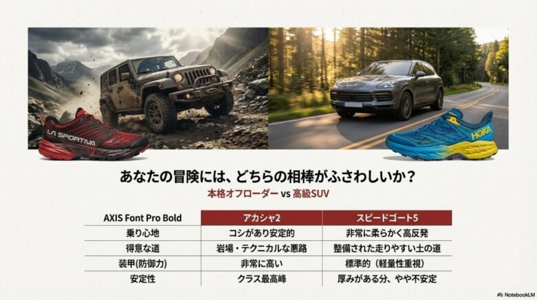 アカシャ2（本格オフローダー）とスピードゴート5（高級SUV）の乗り心地、得意な道、防御力、安定性を比較した一覧表