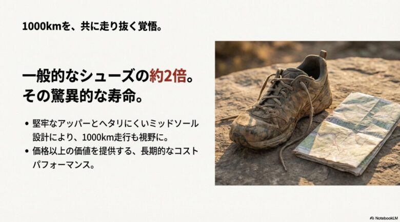 一般的なシューズの約2倍の寿命を誇り、1000km走行も視野に入れた堅牢な設計を解説するスライド