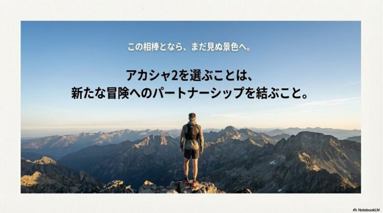 「この相棒となら、まだ見ぬ景色へ。」というメッセージと共に、アカシャ2を選ぶ決意を促す結びのスライド