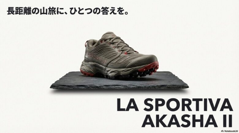アカシャ2のシューズ画像と「長距離の山旅に、ひとつの答えを。」というメッセージ