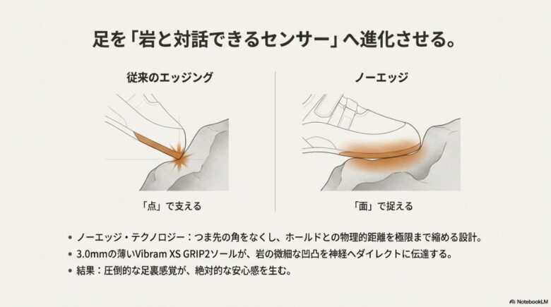 従来のエッジングが「点」で支えるのに対し、ノーエッジが岩を「面」で捉える仕組みを比較したイラスト。3.0mmの薄いVibram XS GRIP2ソールの特徴も説明されている。
