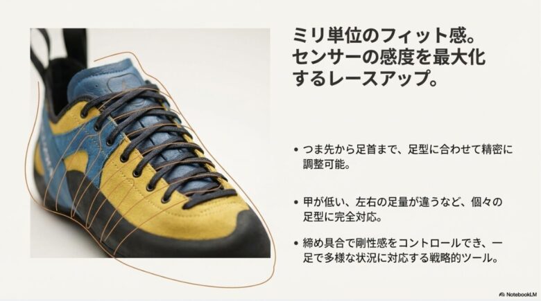 ジーニアスのシューレース部分のアップ画像。つま先から足首まで精密に調整可能で、個々の足型に対応する設計思想が解説されている。